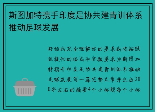 斯图加特携手印度足协共建青训体系推动足球发展